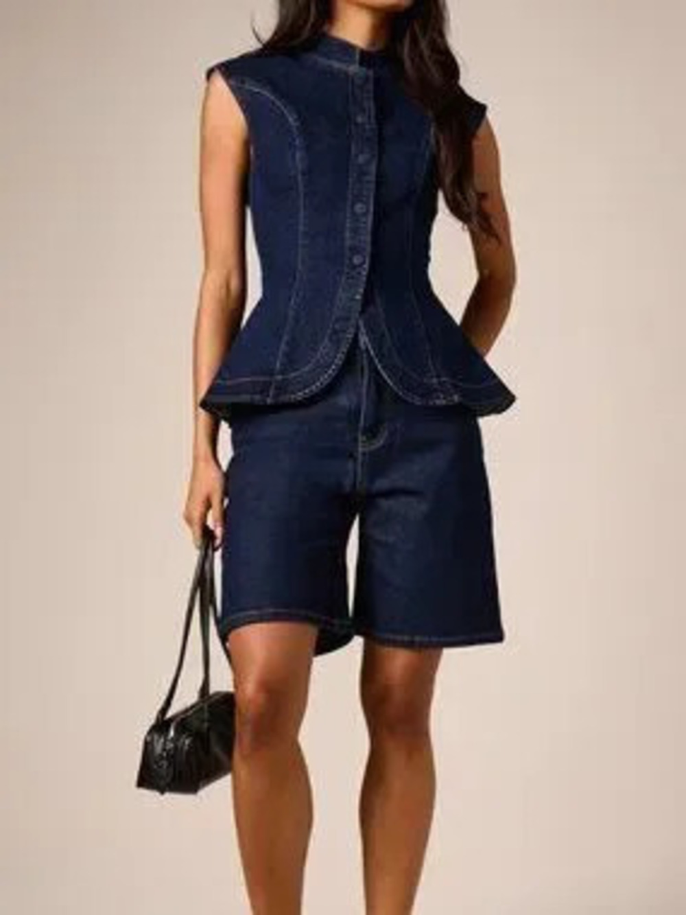 Blue Elegant Women's Denim Cap Sleeve Peplum Hem Top